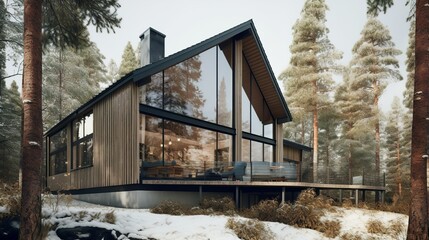 Scandinavian contemporary house exterior with panoramic glass windows to the forest, AI generated 