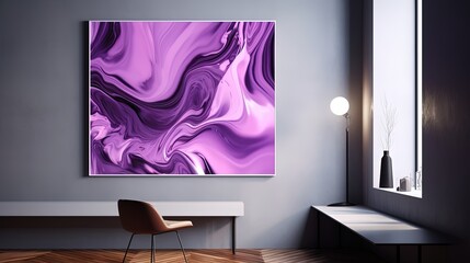 Online webinar Zoom room background in a modern and contemporary minimalist gallery style with pops of purple color in big art. Created using generative AI.