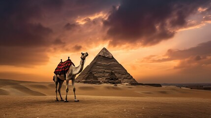 A camel in front of the pyramids of giza