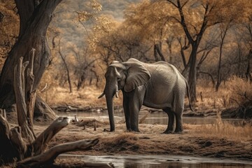 Fototapeta na wymiar A painting of an elephant by a river Generative AI