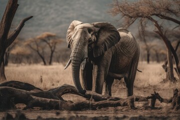 A photo of an elephant in the wild with a bird on the background Generative AI