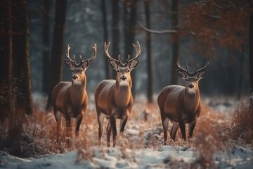Naklejka na ściany i meble Three deer in a snowy forest Generative AI