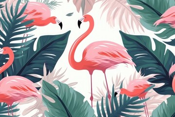 Flamingo in the jungle with tropical leaves Generative AI