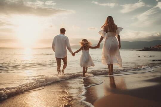 A family walks on the beach at sunset Generative AI