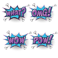 Comic speech bubbles and splashes with different emotions and text Wow, Omg, Pow, Bang. Vector cartoons isolated on white background.