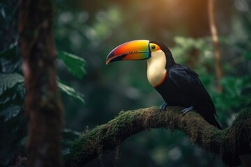 Fototapeta premium A toucan sits on a branch in the jungle Generative AI