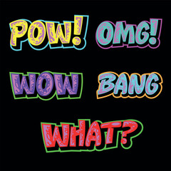 Wow, Omg, Pow, Bang text. Vector on a black background.