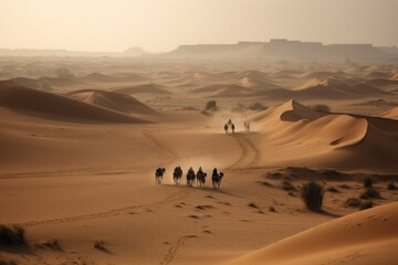 Fototapeta na wymiar Walking in the desert caravan view from afar Generative AI