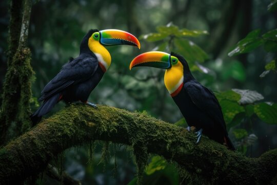 Two toucans in a tree with green leaves and a green background Generative AI