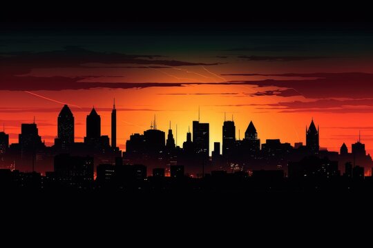 artistic composition of a city skyline at sunset, captured in silhouette with vibrant colors 