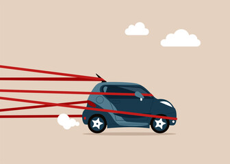 Fototapeta na wymiar Driver with car tied up with red tape trying to run away with full effort. Struggle with career obstacle, overcome to success. Vector illustration 