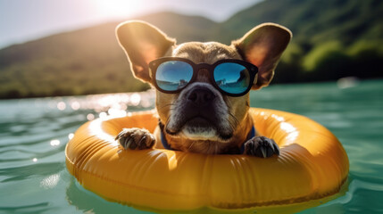 chien avec lunette de soleil dans l'eau avec une bouée jaune - obrazy, fototapety, plakaty