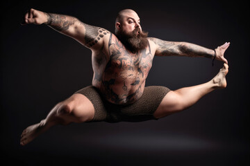 Mann mit &Uuml;bergewicht und Tattoos mach einen Spagat in der Luft - Generative AI