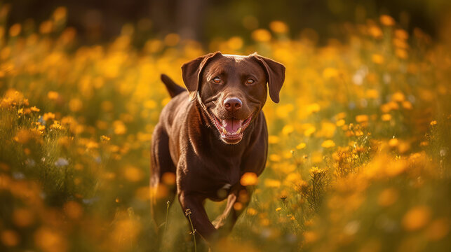 chien labrador marron en train de courir, heureux, dans un champs de fleurs jaunes