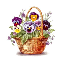 Bouquet of yellow flowers in a basket, yellow pansies Generative AI