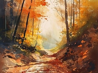 autumn forest, llustration in watercolor painting style. Generative AI