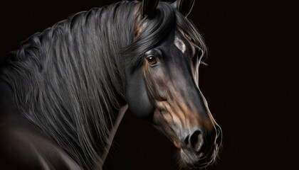 Obraz na płótnie Canvas Beautiful young black horse isolated on black background generative ai