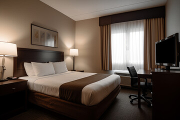 bedroom in hotel. Guest room. Guest room interior. double bed