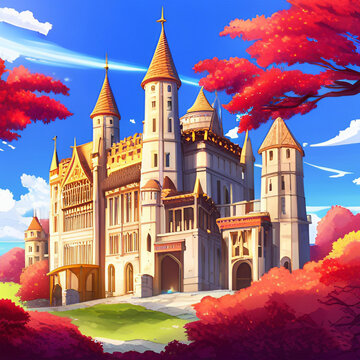 Fantasy Anime Castle in a Red Trees Enchanted Forest Stock Illustration |  Adobe Stock