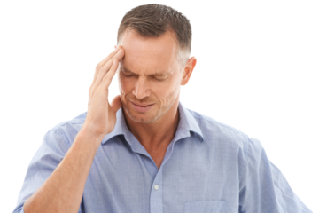 Stress, headache and mature man in pain isolated on transparent, png background for migraine, burnout or fatigue. Brain fog, health risk or confused, business person massage temple with mind problem