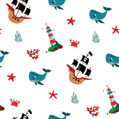 Seamless pattern with cute pirates. Design for fabric, textile, wallpaper, packaging.	