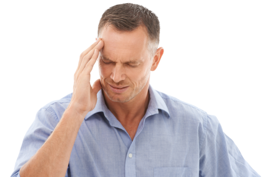 Stress, headache and mature man in pain isolated on transparent, png background for migraine, burnout or fatigue. Brain fog, health risk or confused, business person massage temple with mind problem