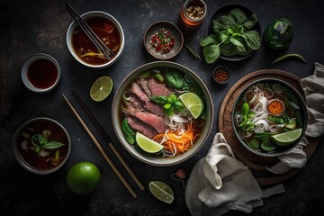 Wide-angle flatlay of a traditional Vietnamese meal with the soup pho ga. Generative AI - obrazy, fototapety, plakaty