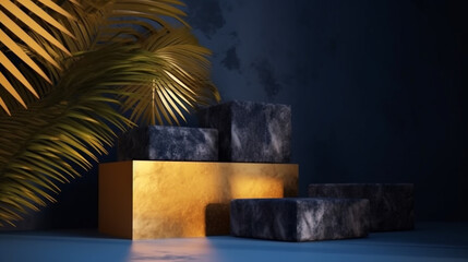 Minimal mockup with premium podium made of natural stone slabs and palm-leaf shadows on the golden and luxury navy yellow color wall. Generated ai