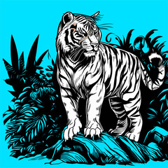 Colored vector  inked style tiger wall art