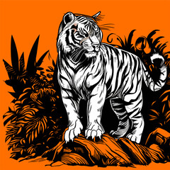 Colored vector  inked style tiger wall art