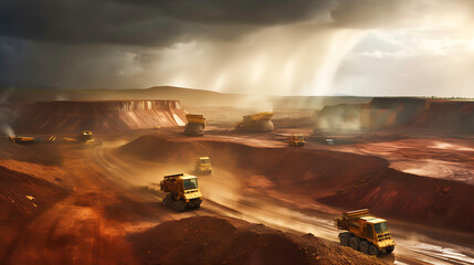 Mining Trucks in Action, raising Orange Dust from Extraction Generative AI