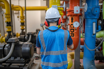 Maintenance technician at a heating plant,Petrochemical workers supervise the operation of gas and oil pipelines in the factory,Engineers put hearing protector At room with many pipes