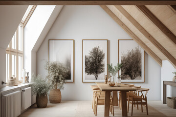 Close up of an attic kitchen with white walls, a long wooden table and a framed vertical poster, generative AI