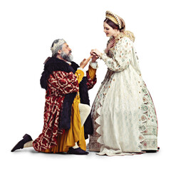 Marriage, king and queen in medieval costume with crown, proposal and theatre actor in stage performance art. History, man on knee and woman in renaissance act isolated on transparent, png background