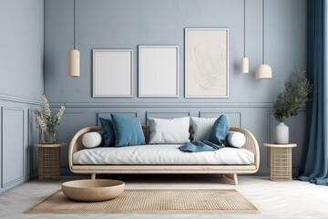 Fototapeta na wymiar Japandi minimalist living room with blank white frame mockup in white and blue tones. sofa, rattan furniture, and wallpaper. design of a farmhouse interior, generative AI