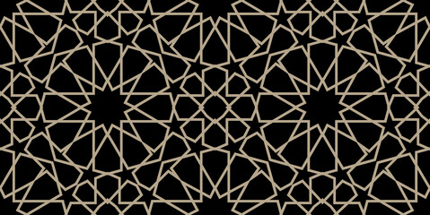 Seamless geometric pattern with gold stars and floral elements on white background. Monochrome vector abstract design. Decorative lattice in Arabic style. Background for textile, fabric and wrapping.