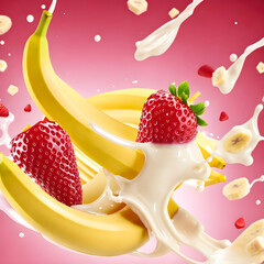 Banana and strawberry in splash of fruit milk. Generative AI - 594749944