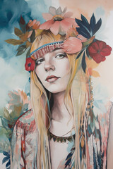 An aesthetically pleasing modern boho painting of a fictional woman, AI Generative, fictional character