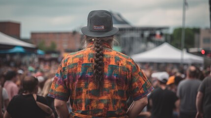 A man wearing a hat stands in front of a crowd at a music festival.