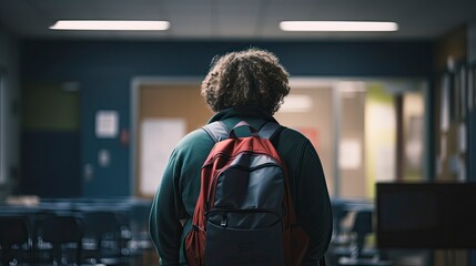 A person with a backpack walks through a classroom.