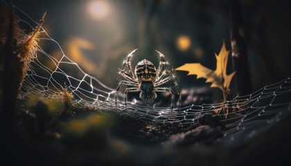 Black spider on web ambinetal background in nature generative ai