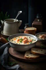 smoked salmon soup with cream and herbs. Generative AI