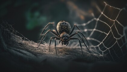 Obraz premium Black spider on web ambinetal background in nature generative ai