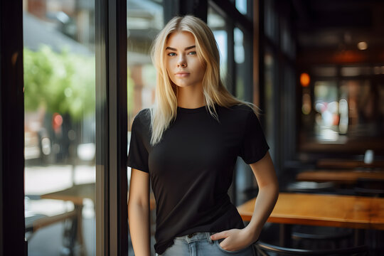 Young Blonde Woman Wearing Bella Canvas Black T Shirt And Jeans, At A Cozy Restaurant On Summers Day. Design Tshirt Template, Print Presentation Mockup. Ai Generated.