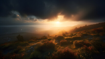 Fototapeta na wymiar The Radiant Sunset: An Epic Landscape with Shimmering Sunbeams and Dramatic Clouds, AI Generative