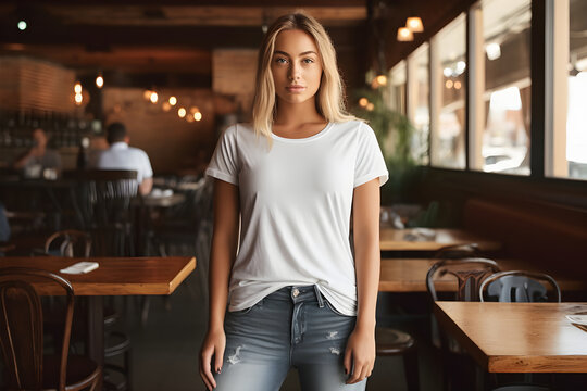 Young blonde woman wearing bella canvas white t shirt and jeans, at a cozy restaurant on summers day. Design tshirt template, print presentation mockup. Ai generated.