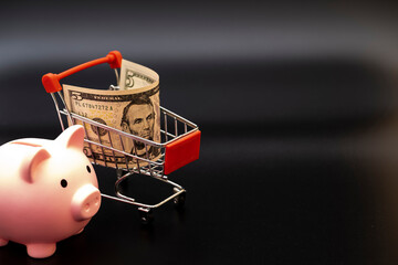 piggy bank in a shopping cart on a black background. us dollars.
