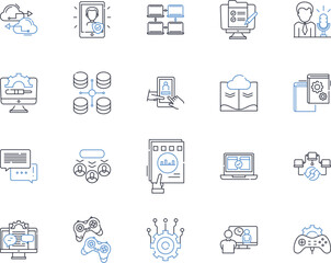 Information device line icons collection. Smartph, Tablet, Laptop, Desktop, Smartwatch, E-reader, Gaming console vector and linear illustration. Digital camera,Projector,Smart speaker outline signs