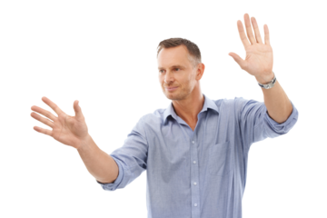 Touch, futuristic and man with invisible screen, technology or success with guy against transparent background. Male employee, worker or entrepreneur with metaverse experience, png or online planning