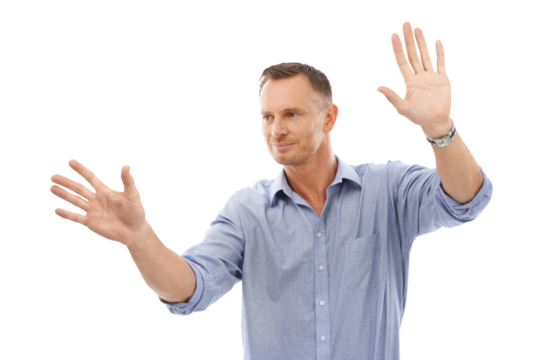 Touch, futuristic and man with invisible screen, technology or success with guy against transparent background. Male employee, worker or entrepreneur with metaverse experience, png or online planning - Powered by Adobe